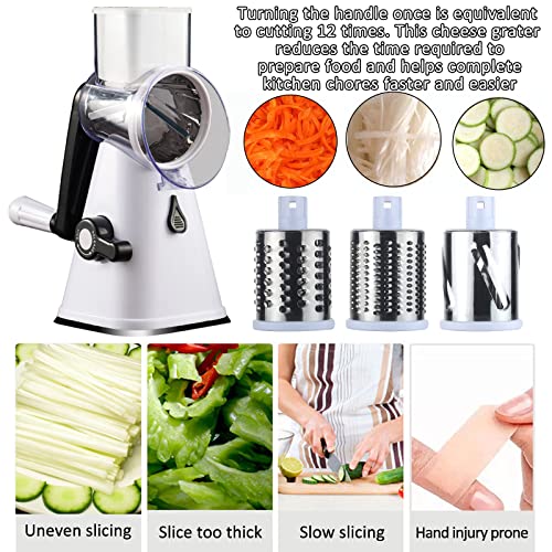 Multifunctional Vegetable and Fruit Cutting Machine, Rotating Drum Cheese Grater with 3 Stainless Steel Revolving Blades, Manual and Safe Milling, Slicer (Gray)